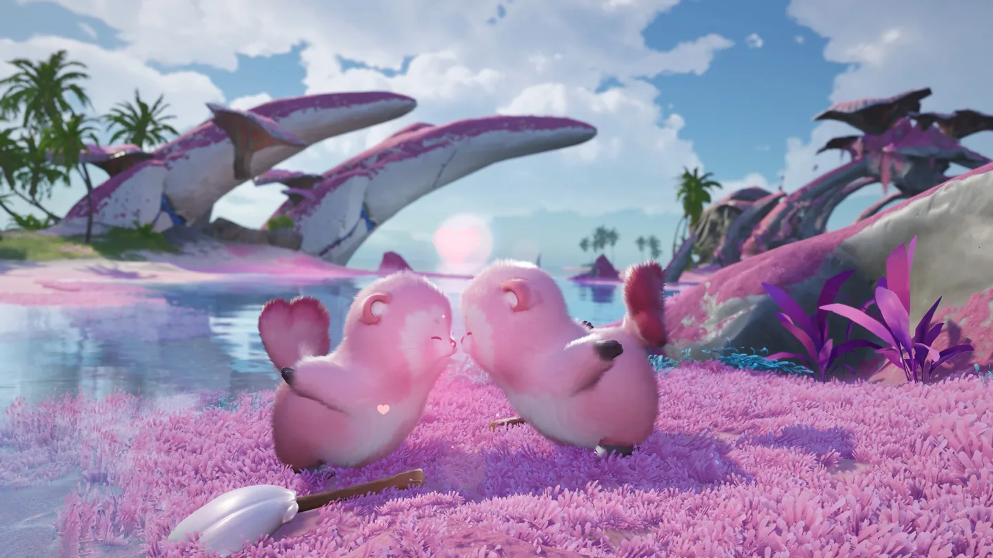 Official Aniimo promotional scene: companions beside a sunlit lagoon